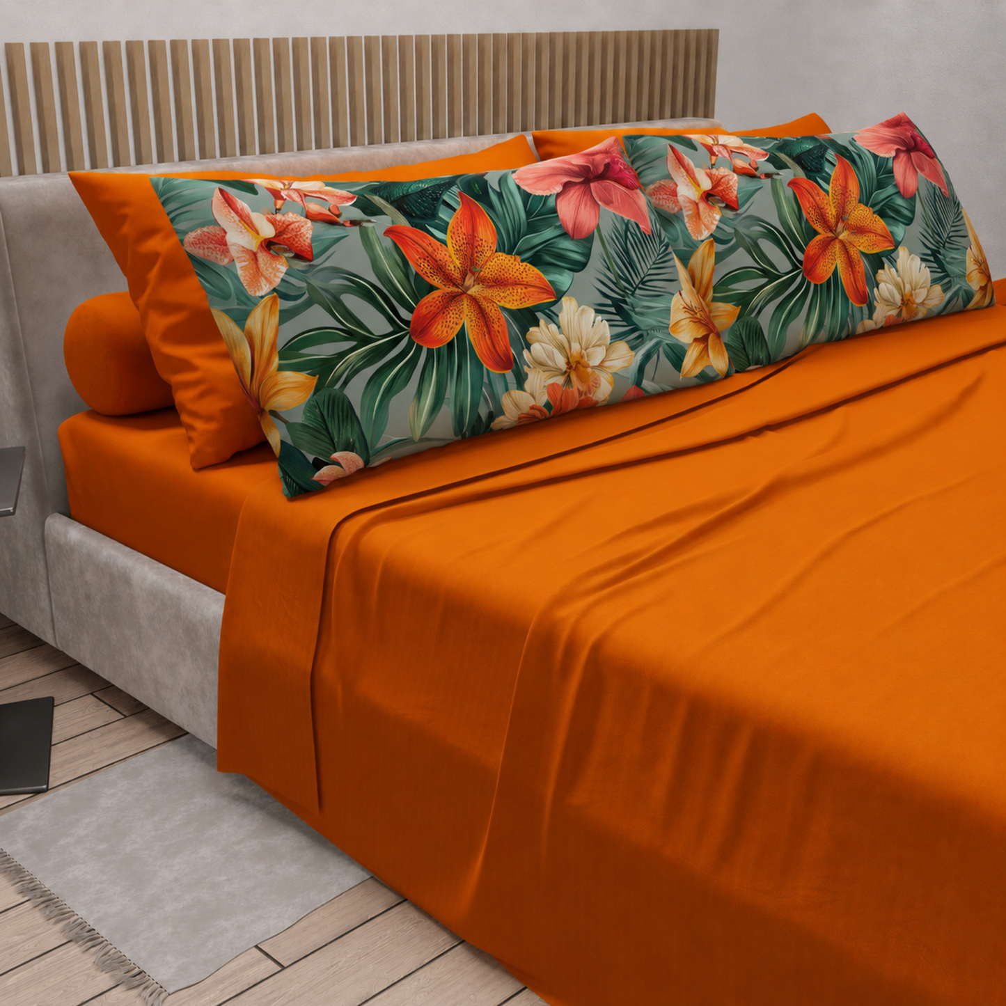 Lenzuola in Cotone, Completo Letto con Federe in Stampa Digitale Petalo 04 Arancione