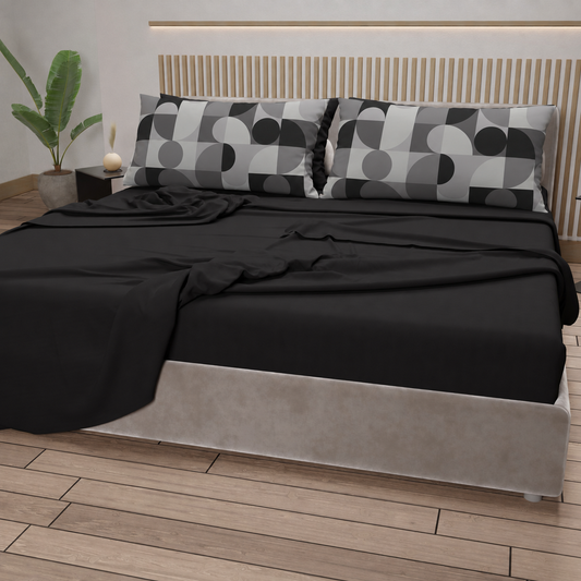 Lenzuola in Cotone, Completo Letto con Federe in Stampa Digitale Circle Grigio Nero