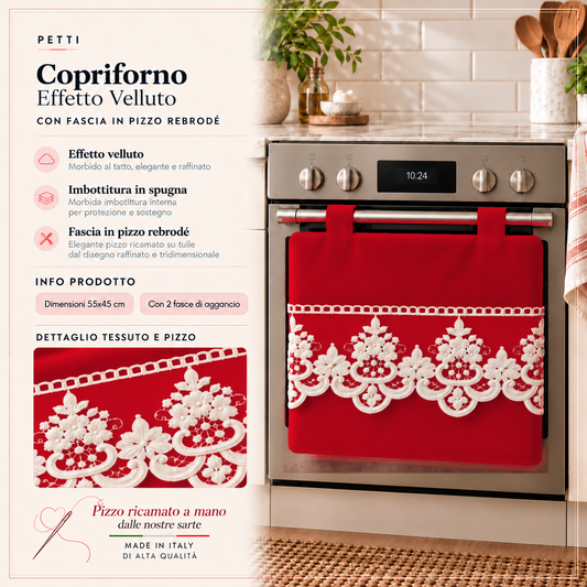 Copriforno Tinta Unita in Velluto con Pizzo Rebrode Rosso