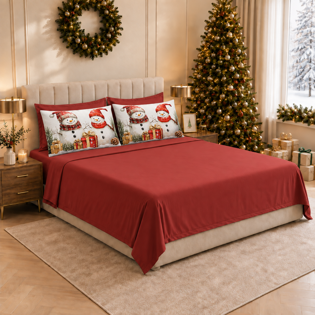 Lenzuola Natalizie in Cotone, Completo Letto con Federe in Stampa Digitale Pupazzo 01