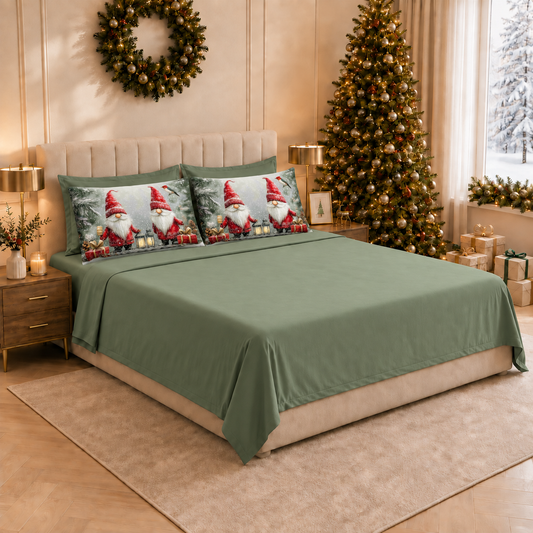 Lenzuola Natalizie in Cotone, Completo Letto con Federe in Stampa Digitale Gnomo 02