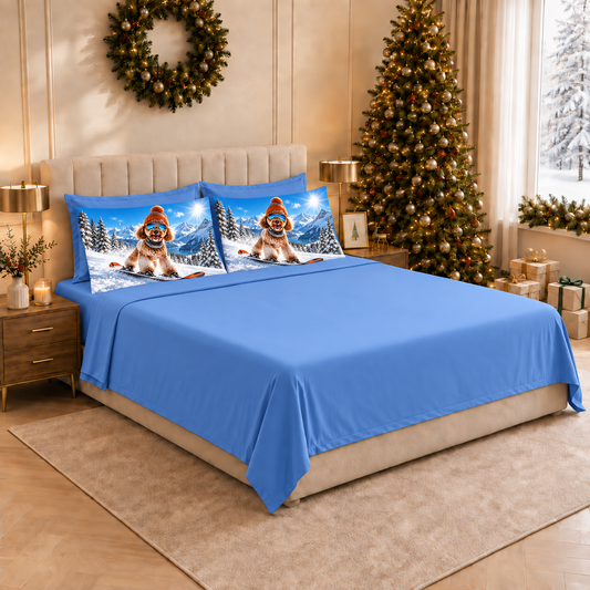 Lenzuola Natalizie in Cotone, Completo Letto con Federe in Stampa Digitale SkyDog 02 Celeste