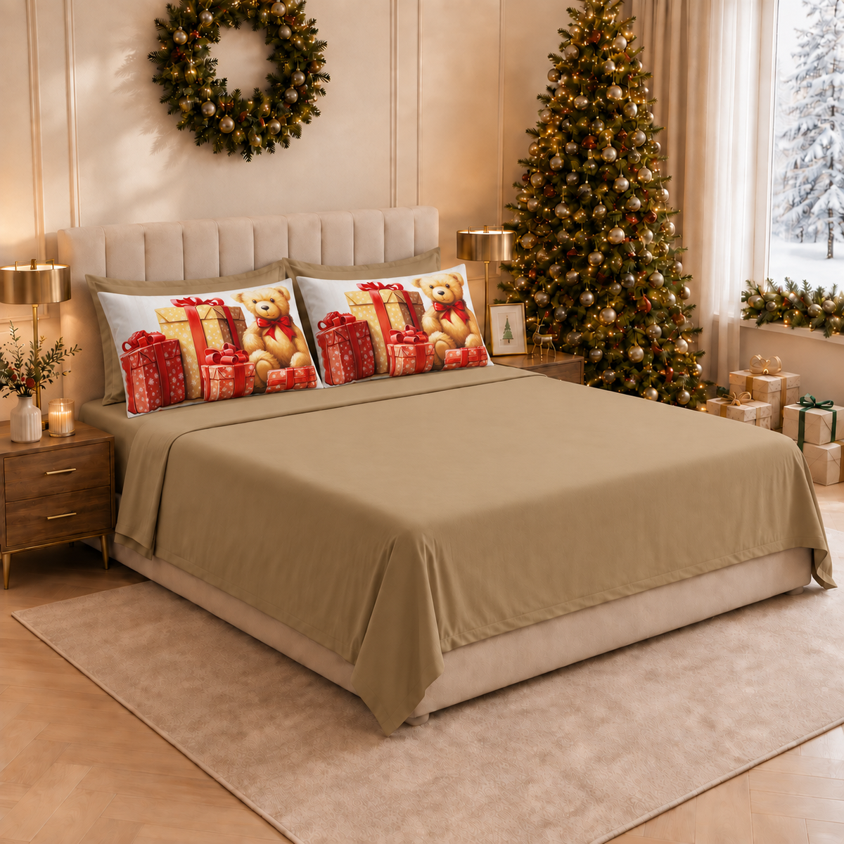 Draps de Noël en coton, parure de lit avec taies d'oreiller en impression numérique Ours 02
