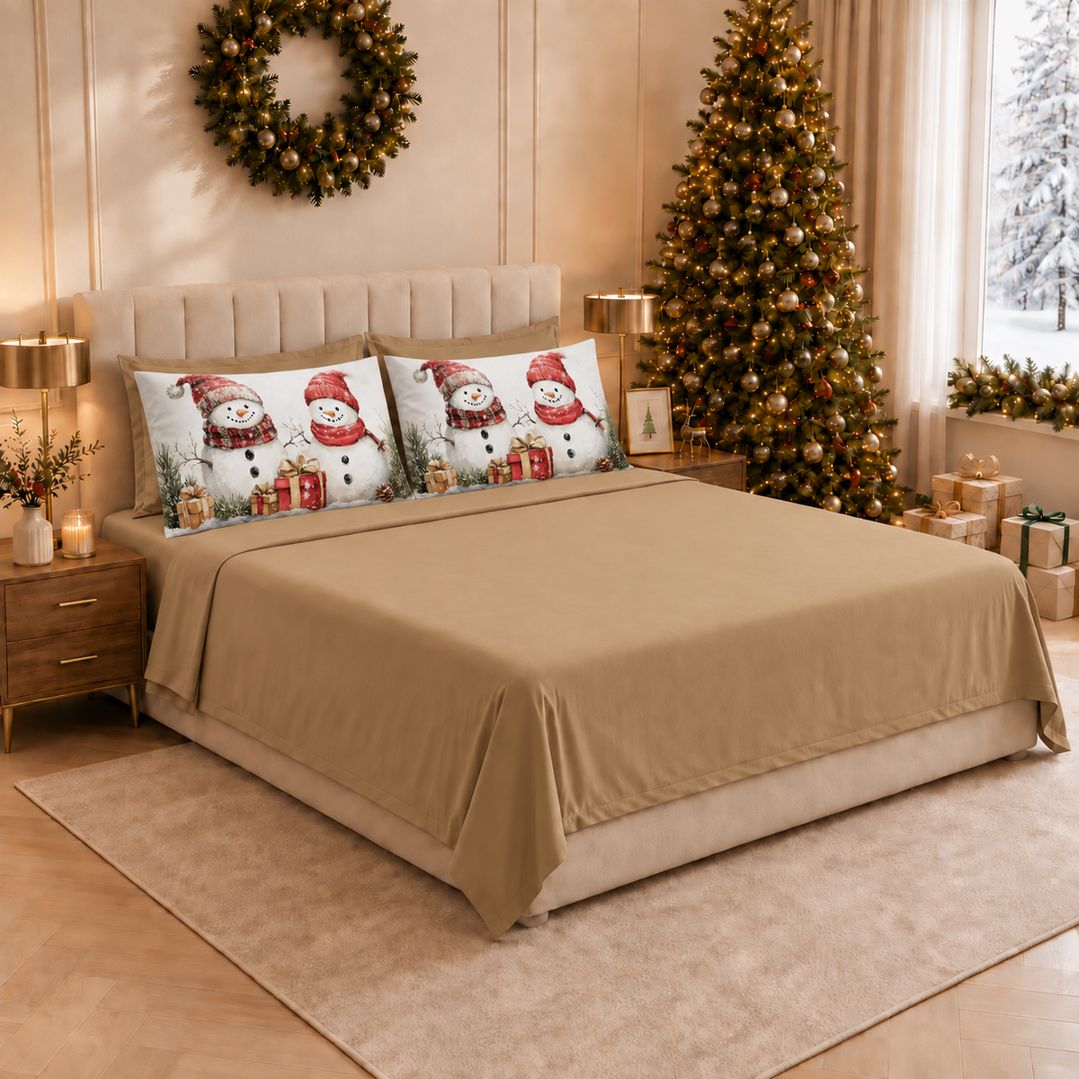 Draps de Noël en Coton, Parure de Lit avec Taies d'Oreiller en Impression Numérique Bonhomme de Neige 01