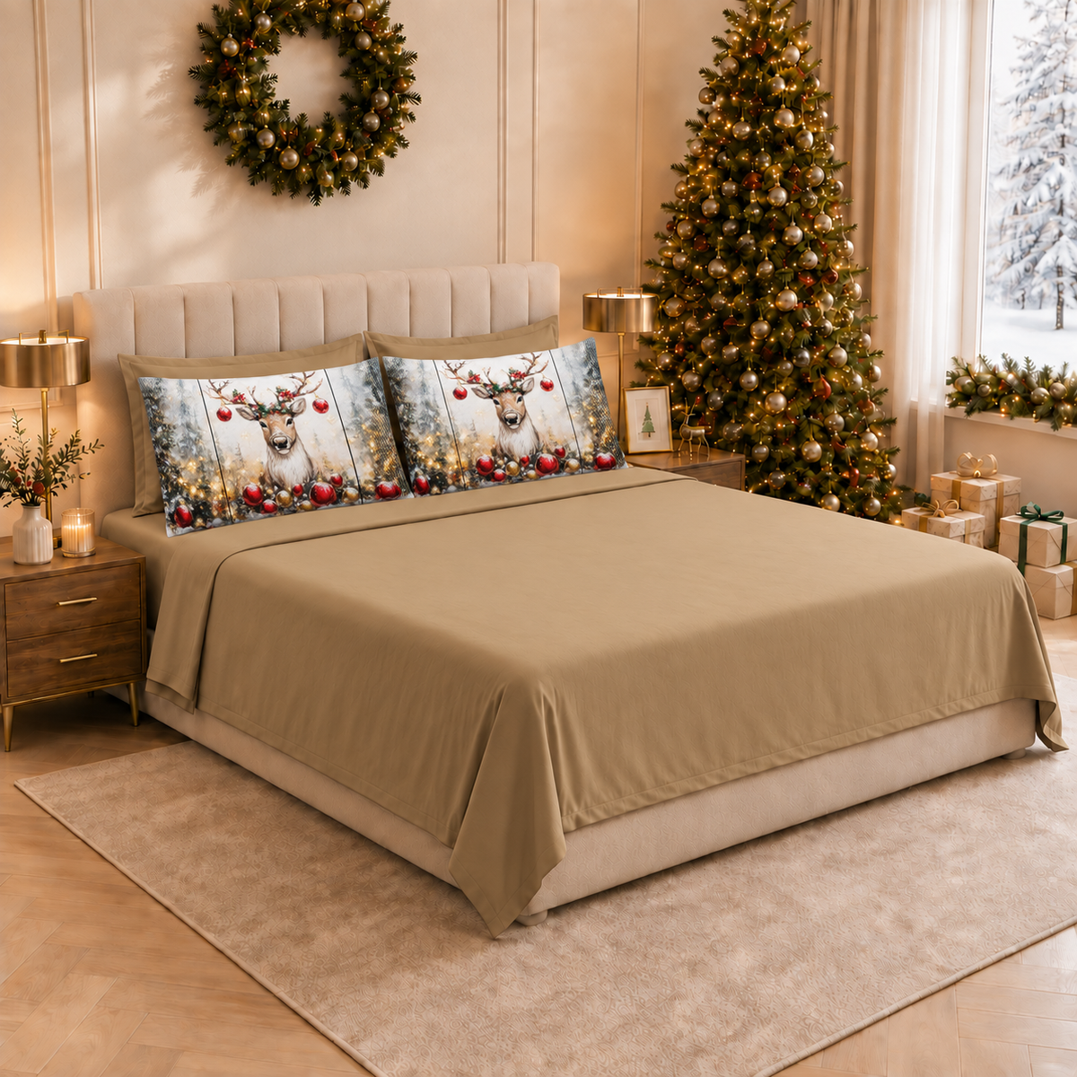 Draps de Noël en Coton, Parure de Lit avec Taies d'Oreiller en Impression Numérique Renne