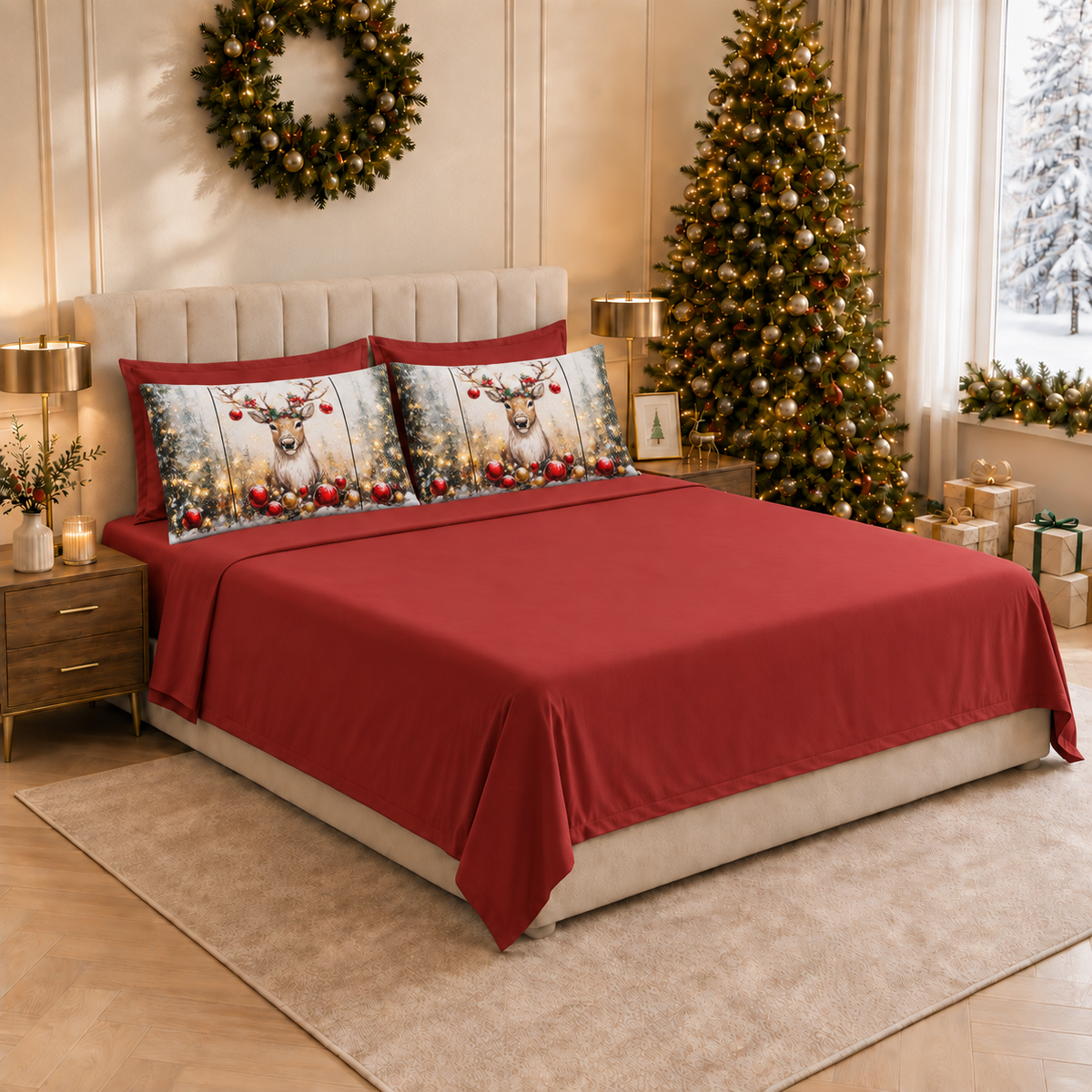 Lenzuola Natalizie in Cotone, Completo Letto con Federe in Stampa Digitale Renna