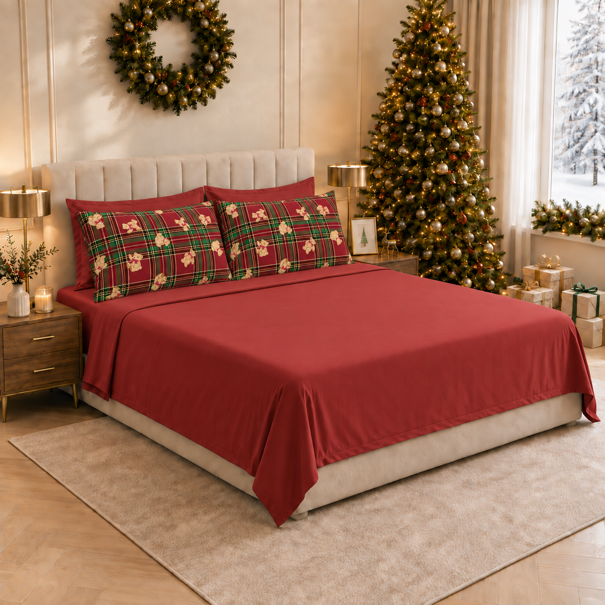 Lenzuola Natalizie in Cotone, Completo Letto con Federe in Stampa Digitale Orsetto Tartan