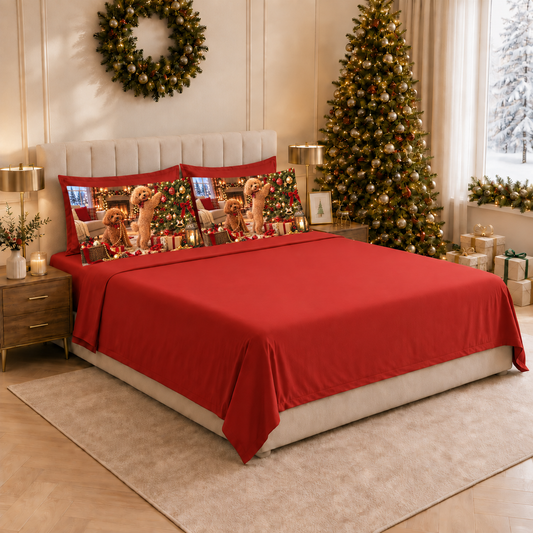 Lenzuola Natalizie in Cotone, Completo Letto con Federe in Stampa Digitale Xmas Dog Rosso