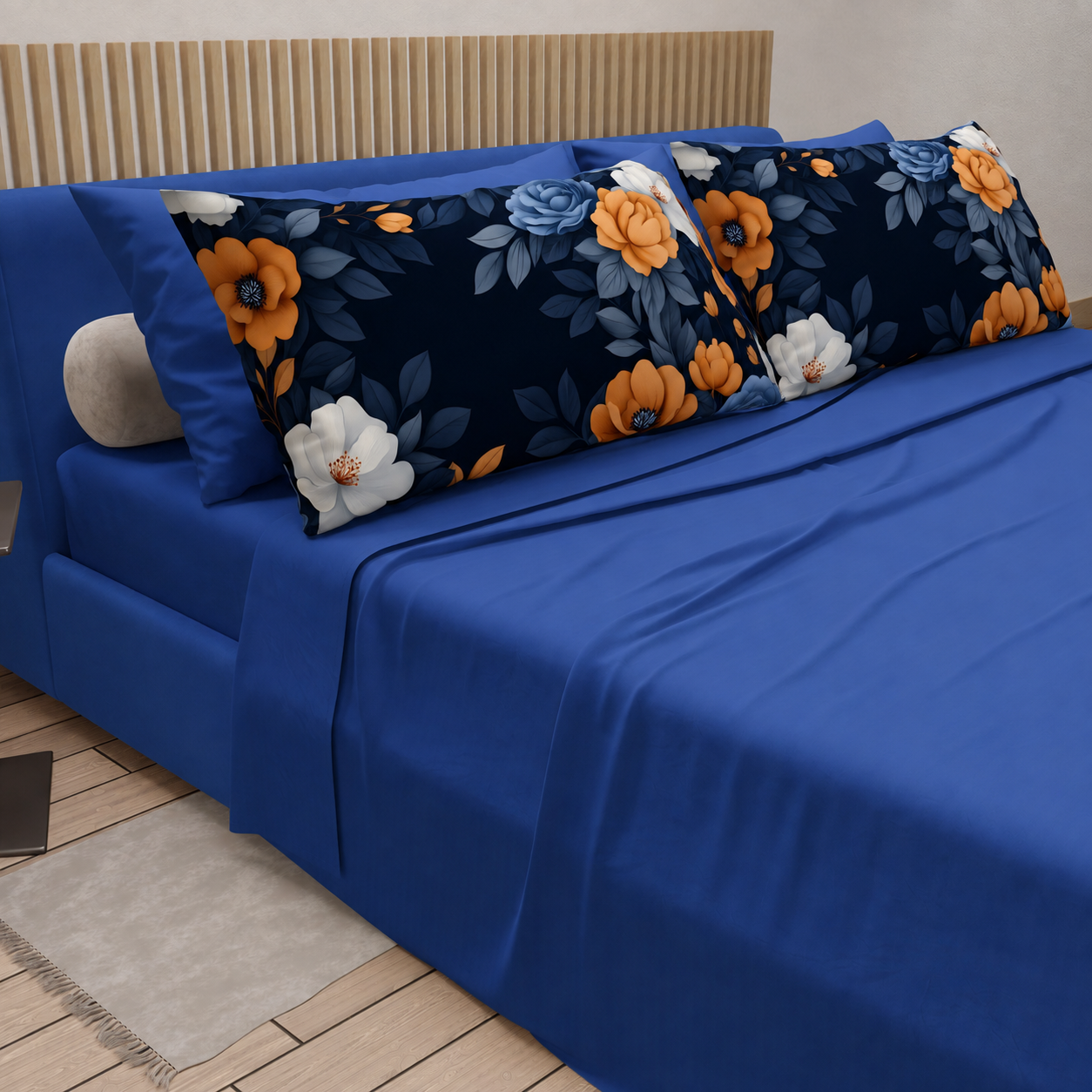 Lenzuola in Cotone, Completo Letto con Federe in Stampa Digitale Autunno 04 Blu Elettrico