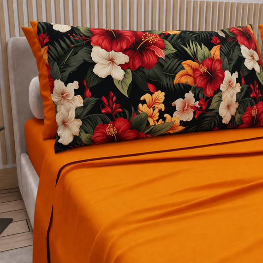 Lenzuola in Cotone, Completo Letto con Federe in Stampa Digitale Petalo 01 Arancione