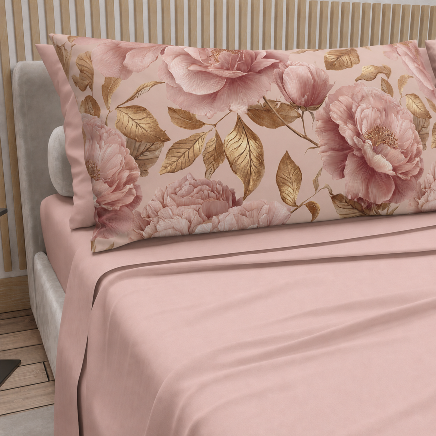 Lenzuola in Cotone, Completo Letto con Federe in Stampa Digitale Petalo 13 Cipria Chiaro.