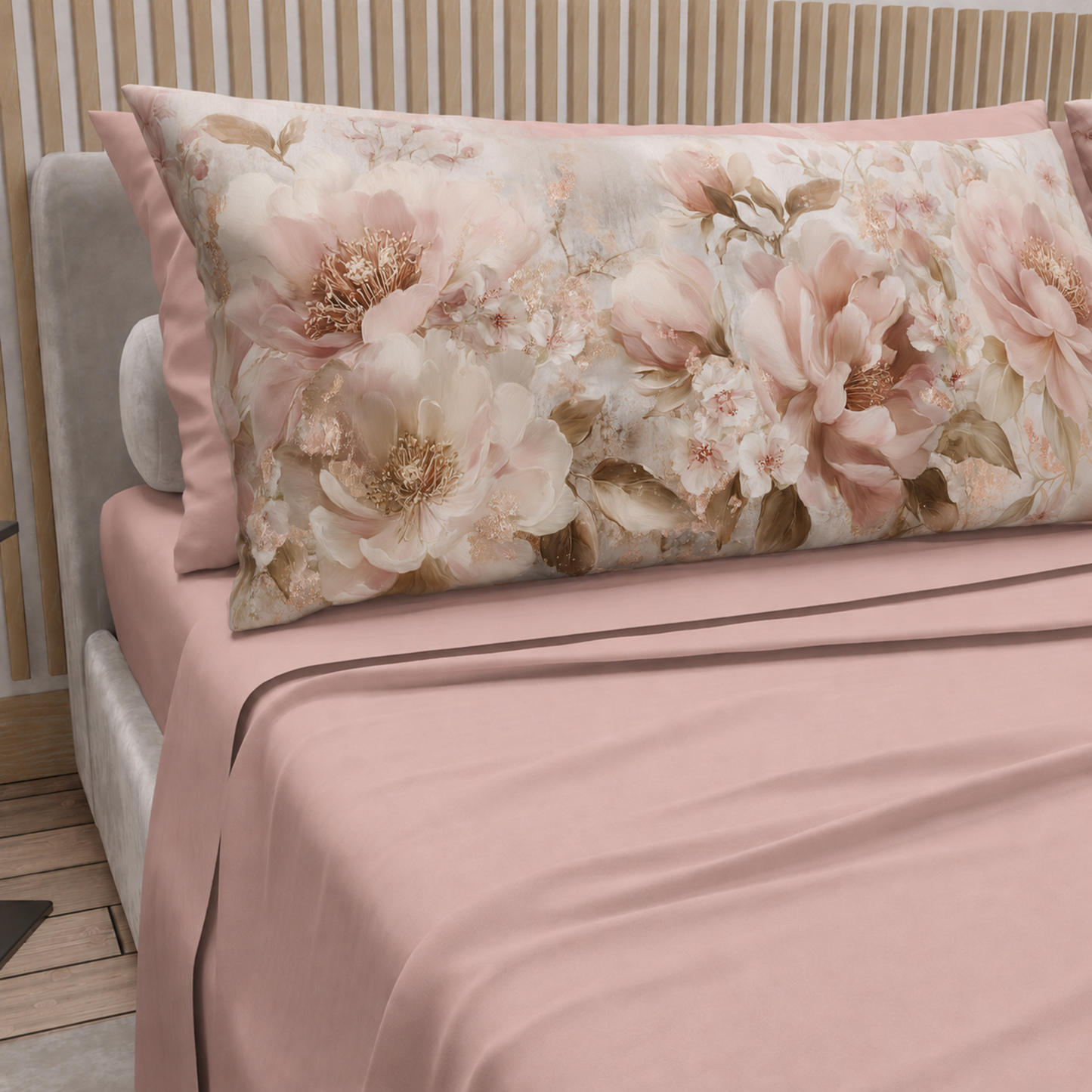Lenzuola in Cotone, Completo Letto con Federe in Stampa Digitale Petalo 14 Cipria Chiaro.