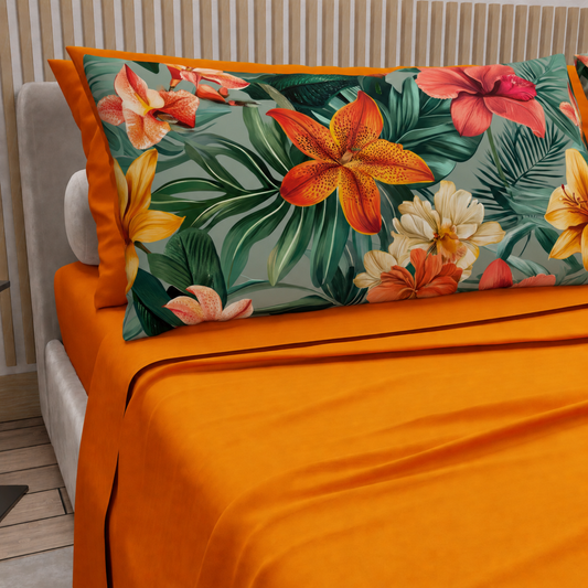 Lenzuola in Cotone, Completo Letto con Federe in Stampa Digitale Petalo 04 Arancione