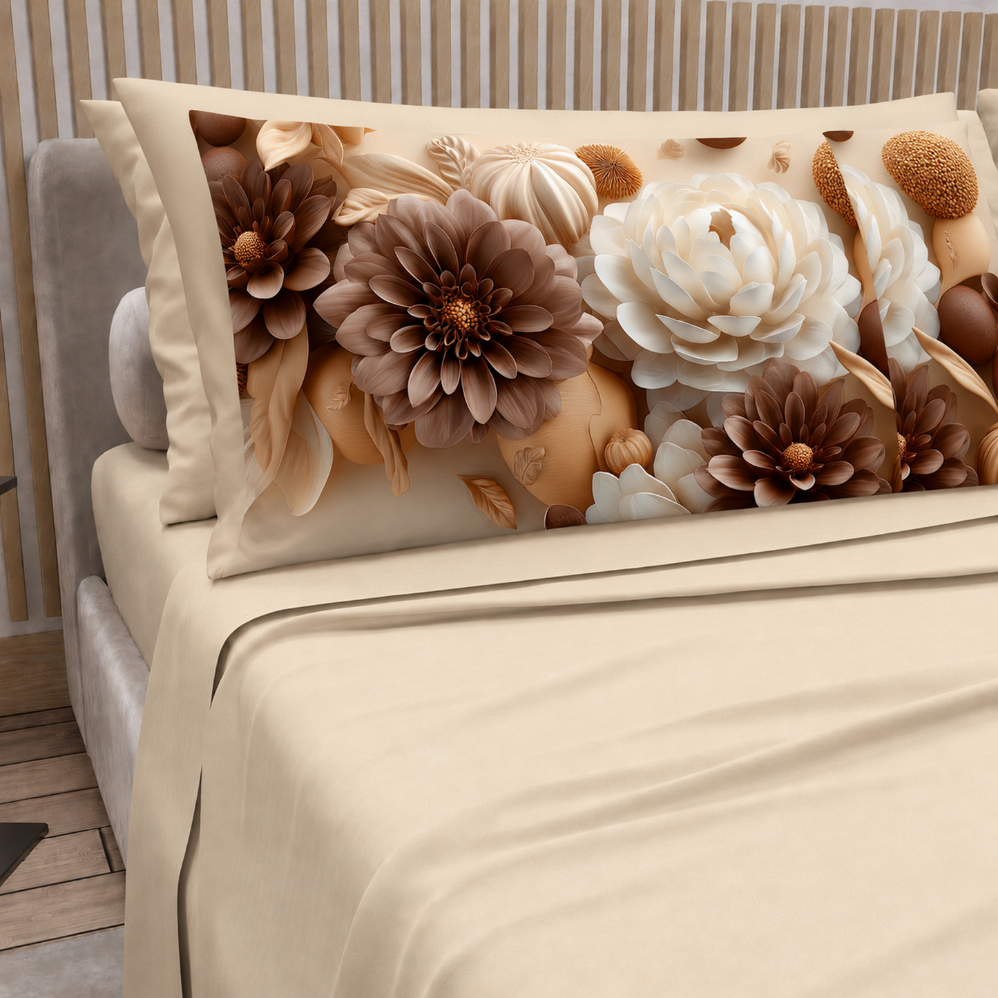 Lenzuola in Cotone, Completo Letto con Federe in Stampa Digitale Petalo 10 Panna