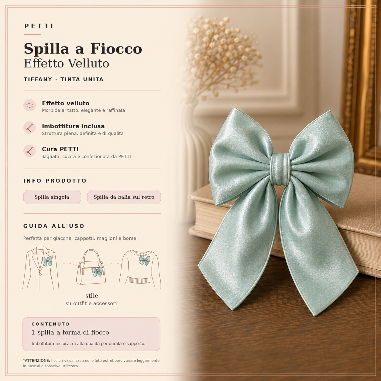 Spilla Decorativa a Fiocco in Effetto Velluto Tinta Unita Tiffany