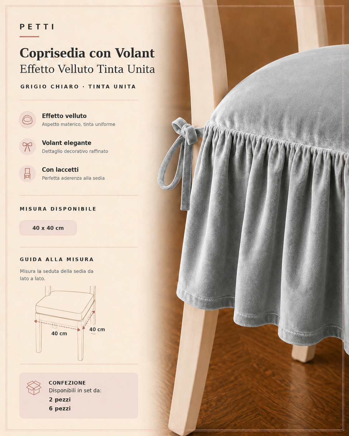 Cuscini per Sedie da Cucina in Effetto Velluto Tinta Unita con Volant Grigio Chiaro