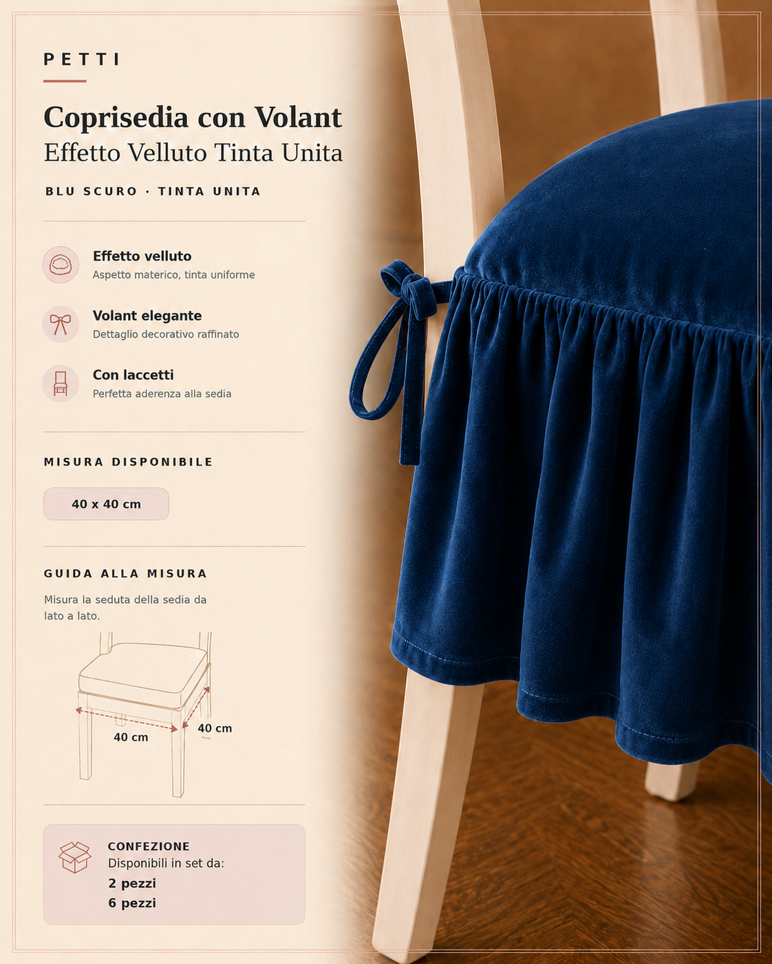 Cuscini per Sedie da Cucina in Effetto Velluto Tinta Unita con Volant Blu Scuro