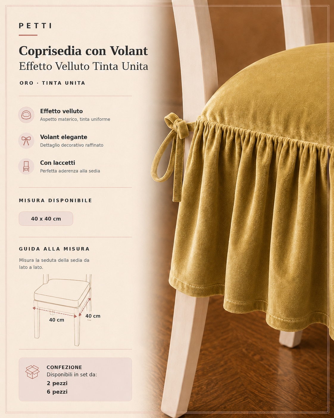 Cuscini per Sedie da Cucina in Effetto Velluto Tinta Unita con Volant Oro