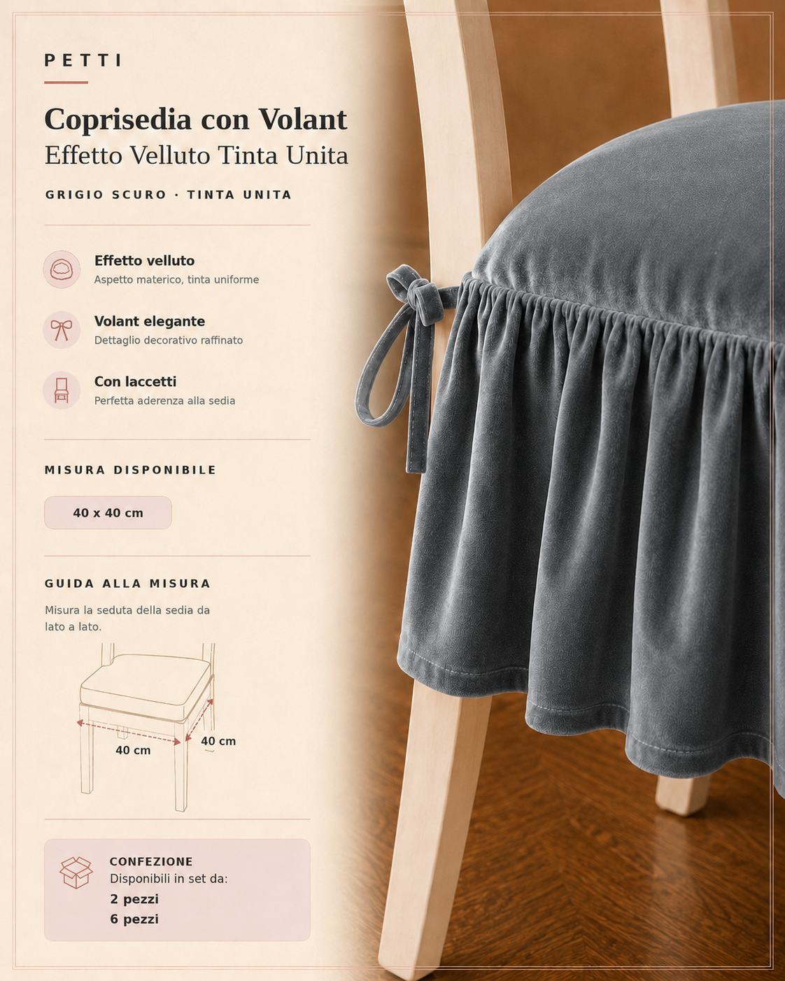 Cuscini per Sedie da Cucina in Effetto Velluto Tinta Unita con Volant Grigio Scuro