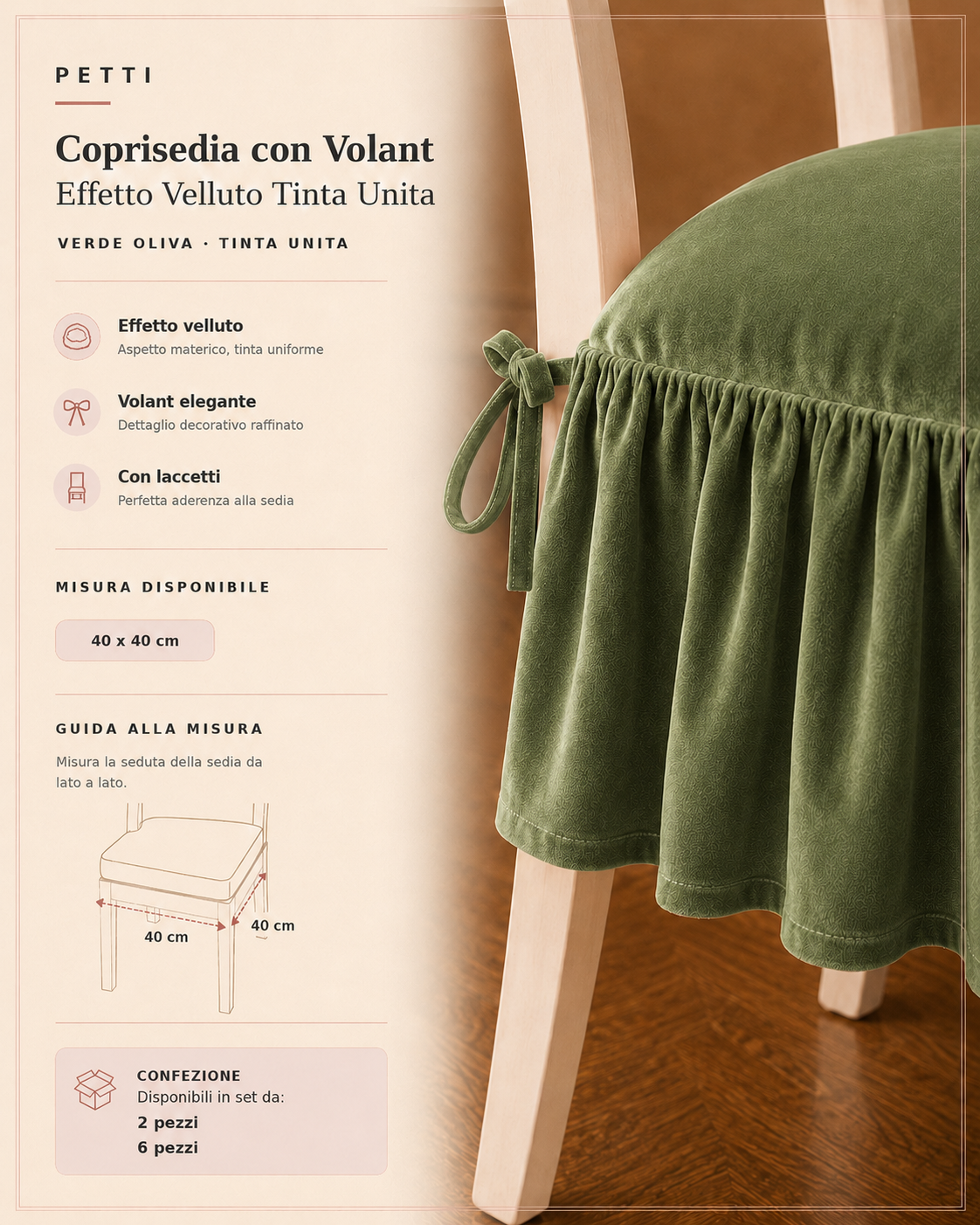 Cuscini per Sedie da Cucina in Effetto Velluto Tinta Unita con Volant Verde Oliva