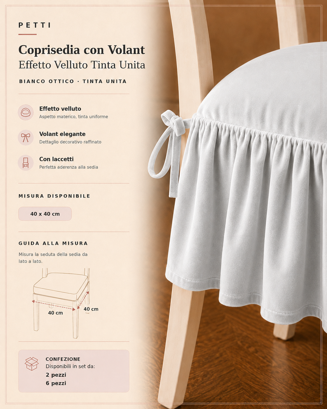 Cuscini per Sedie da Cucina in Effetto Velluto Tinta Unita con Volant Bianco Ottico