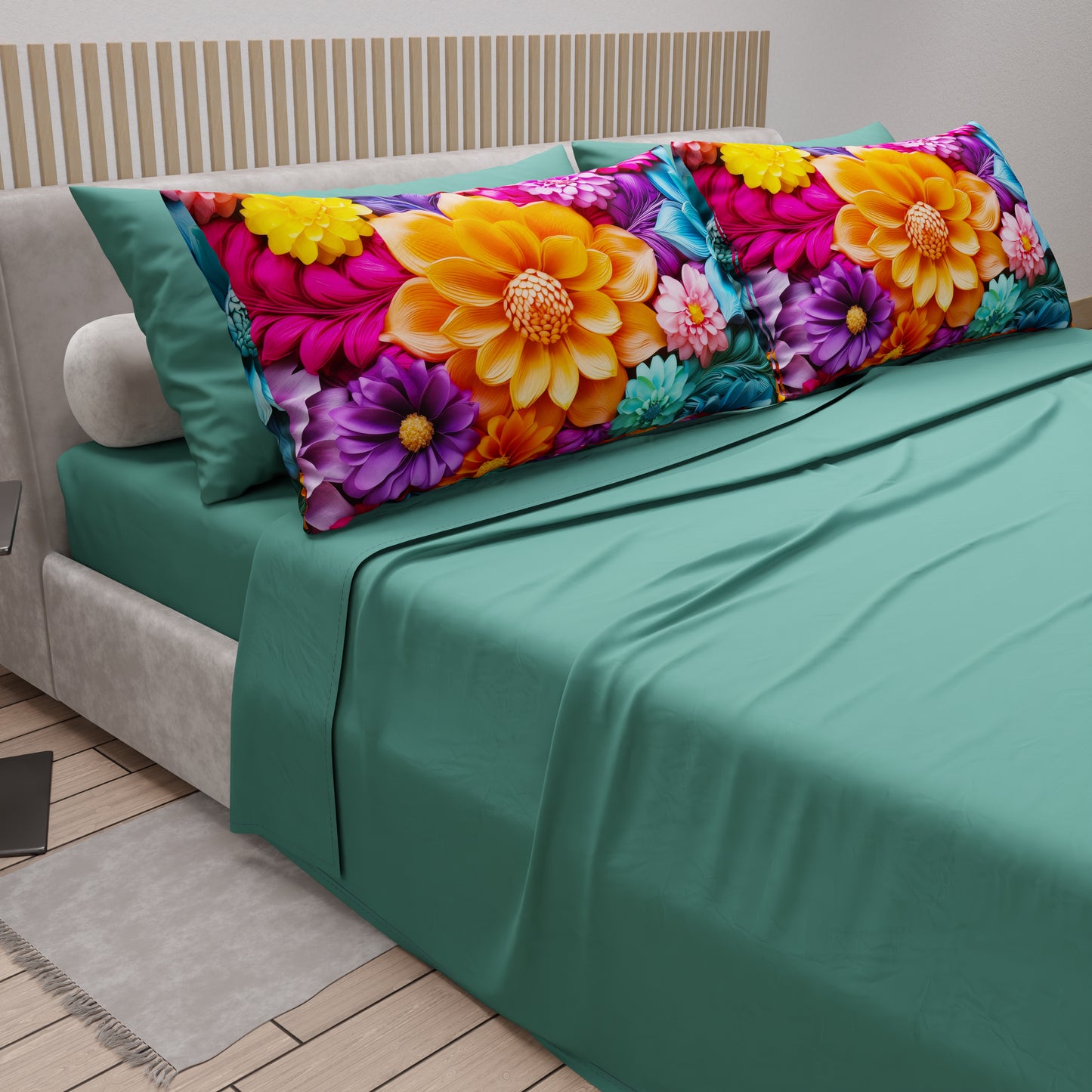 Draps en coton, Parure de lit avec taies d'oreiller en impression numérique florale 05-12