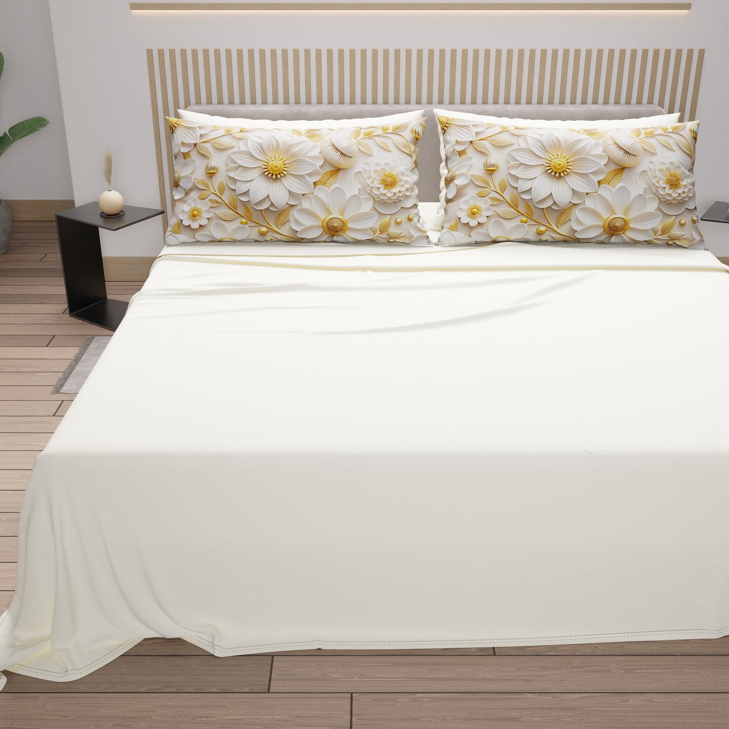 Draps en Coton, Parure de Lit avec Taies d'Oreiller à Imprimé Floral Numérique 05-13