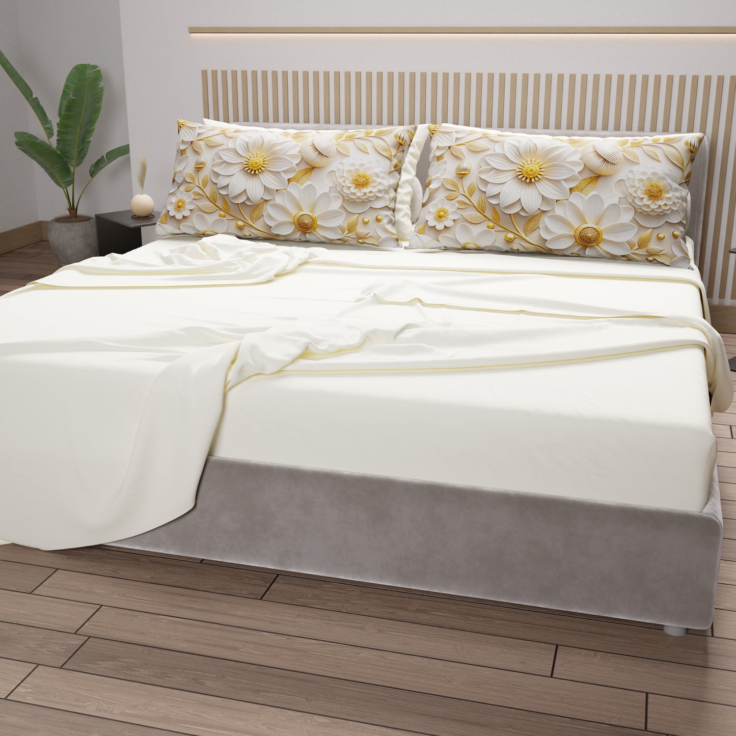 Draps en Coton, Parure de Lit avec Taies d'Oreiller à Imprimé Floral Numérique 05-13