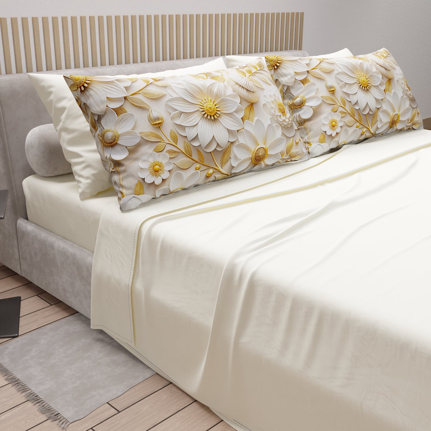 Draps en Coton, Parure de Lit avec Taies d'Oreiller à Imprimé Floral Numérique 05-13