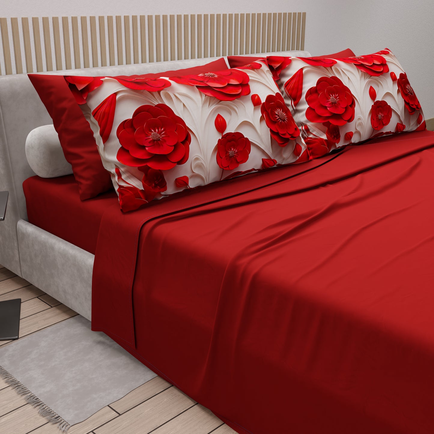Draps en Coton, Parure de Lit avec Taies d'Oreiller à Imprimé Floral Numérique 05-14