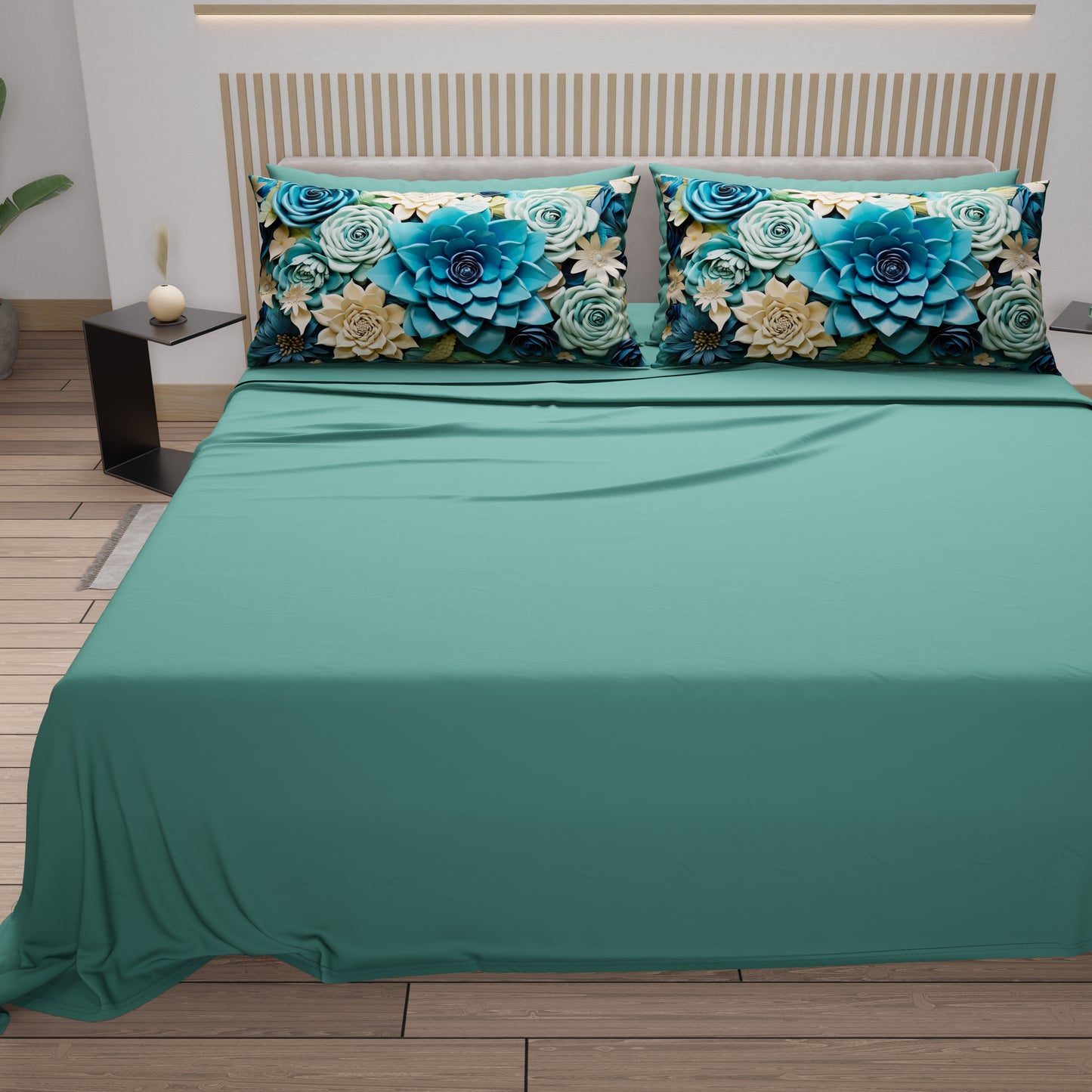 Draps en Coton, Parure de Lit avec Taies d'Oreiller à Imprimé Floral Numérique 05-15