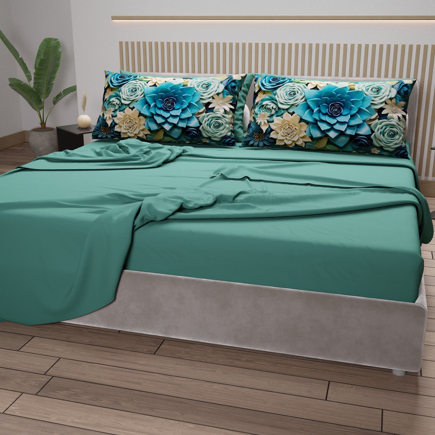Draps en Coton, Parure de Lit avec Taies d'Oreiller à Imprimé Floral Numérique 05-15