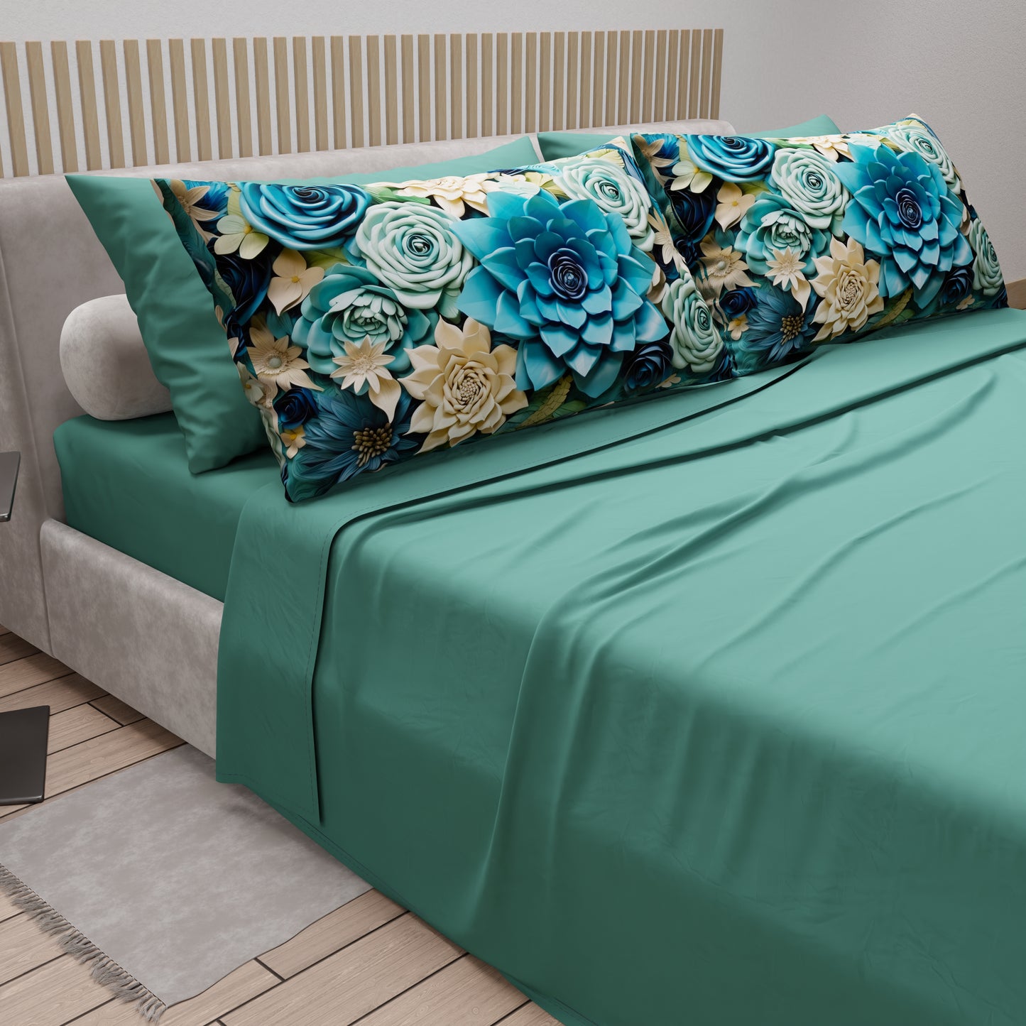 Draps en Coton, Parure de Lit avec Taies d'Oreiller à Imprimé Floral Numérique 05-15