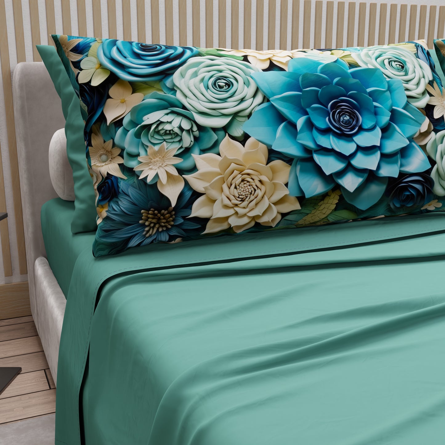 Draps en Coton, Parure de Lit avec Taies d'Oreiller à Imprimé Floral Numérique 05-15