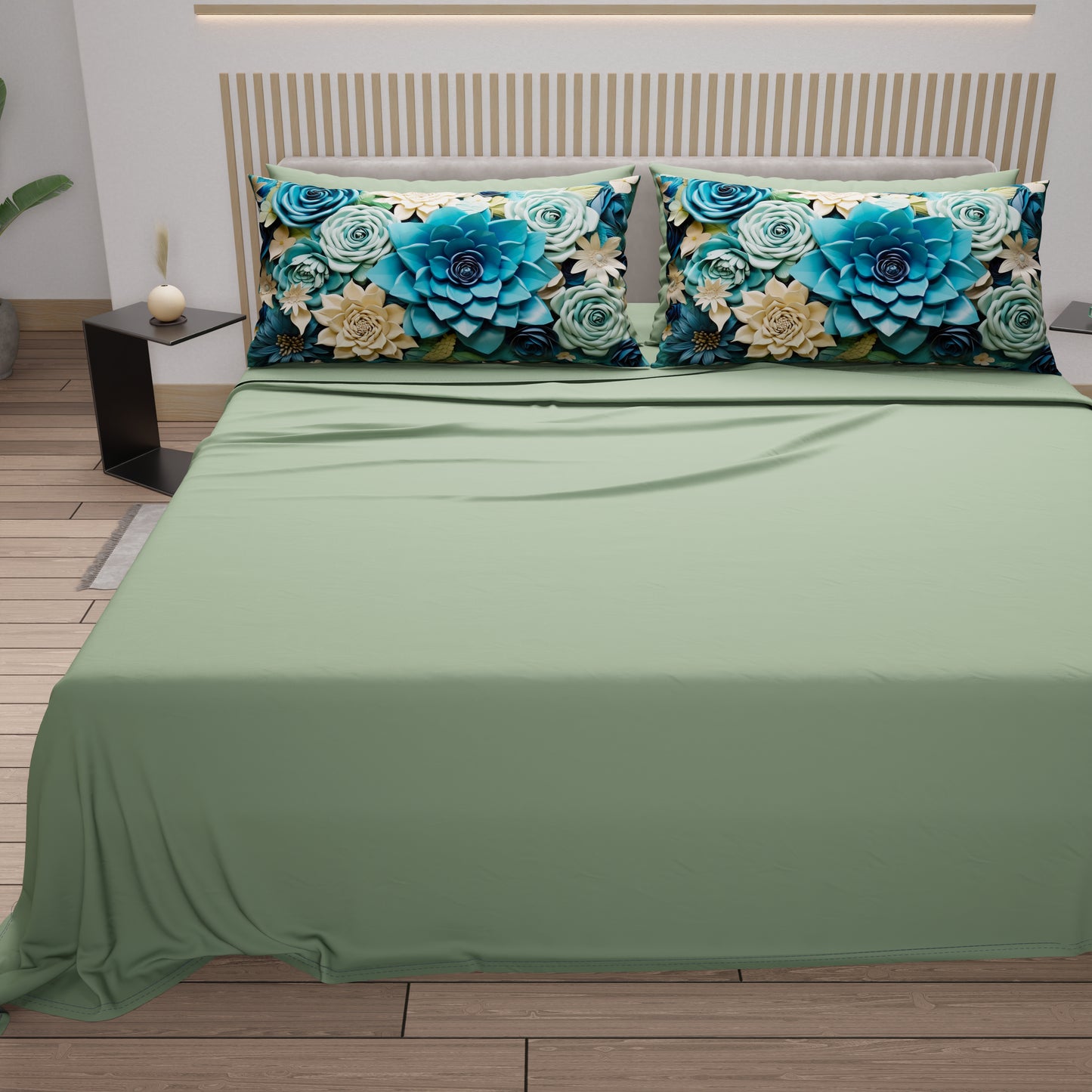 Draps en Coton, Parure de Lit avec Taies d'Oreiller à Imprimé Floral Numérique 05-15