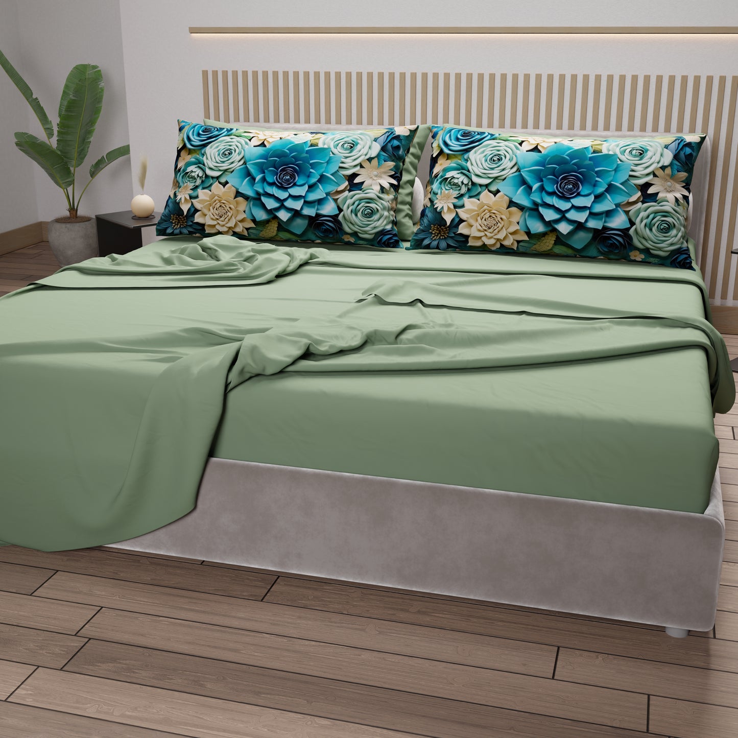 Draps en Coton, Parure de Lit avec Taies d'Oreiller à Imprimé Floral Numérique 05-15