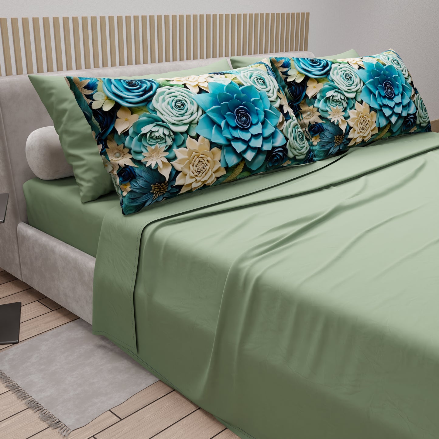 Draps en Coton, Parure de Lit avec Taies d'Oreiller à Imprimé Floral Numérique 05-15