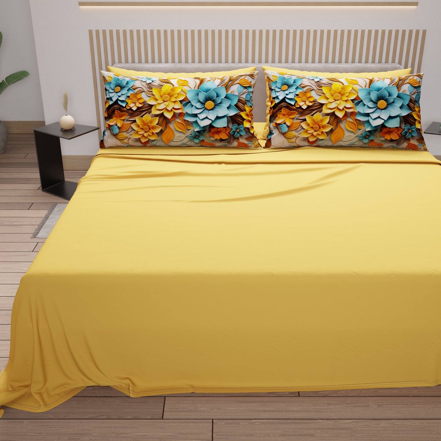 Draps en Coton, Parure de Lit avec Taies d'Oreiller à Imprimé Floral Numérique 05-16