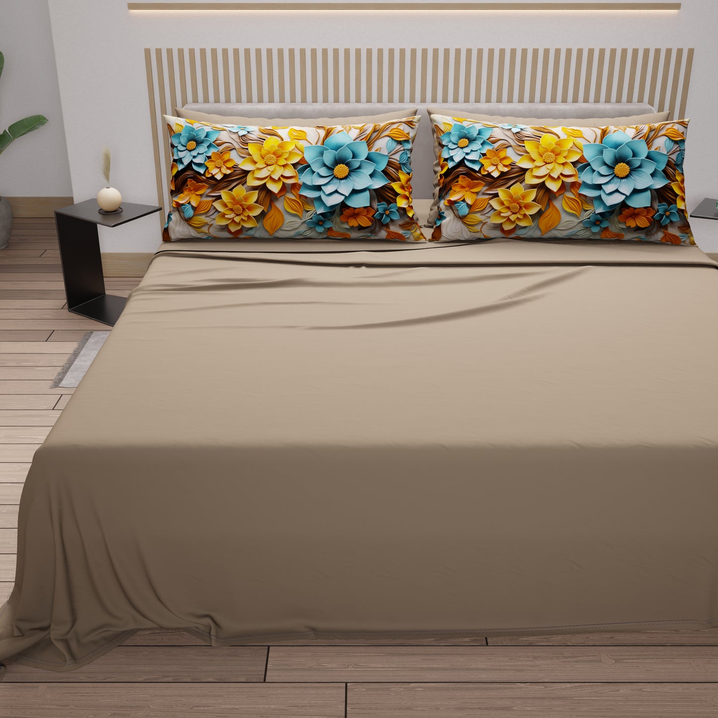 Draps en Coton, Parure de Lit avec Taies d'Oreiller à Imprimé Floral Numérique 05-16