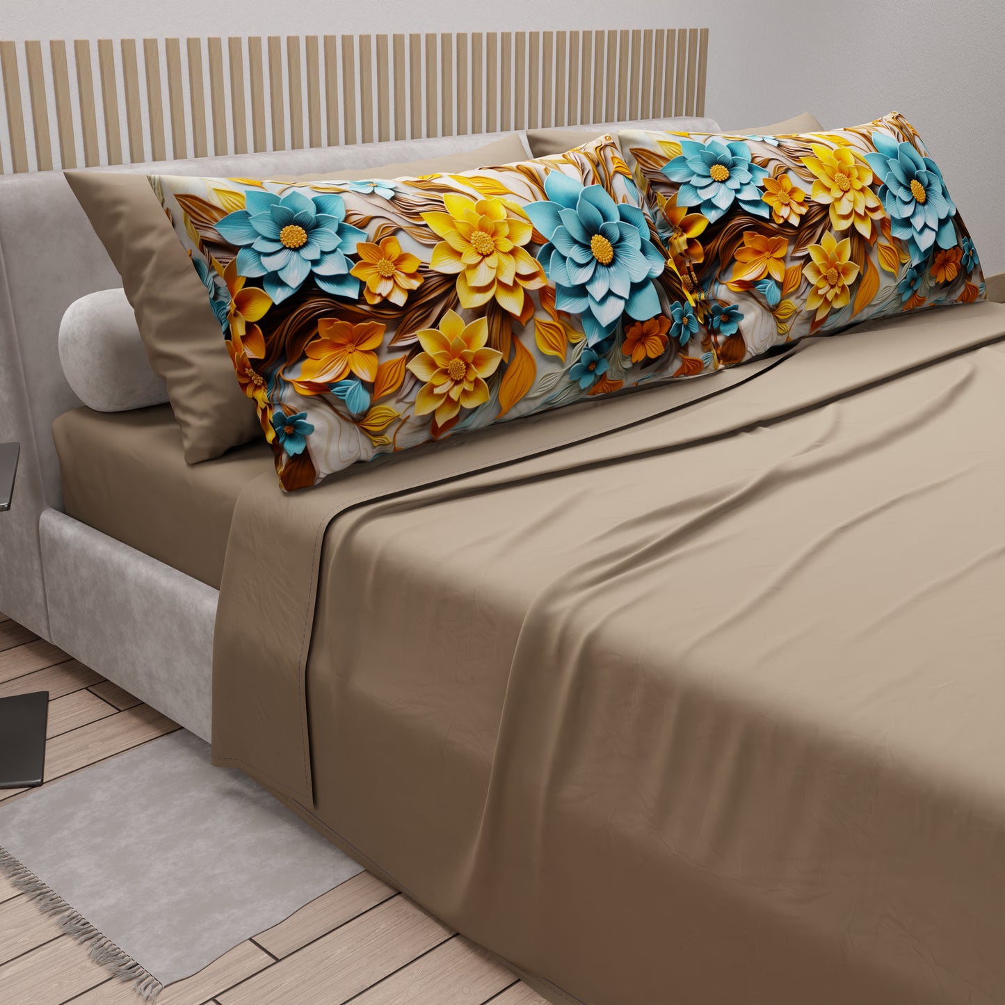 Draps en Coton, Parure de Lit avec Taies d'Oreiller à Imprimé Floral Numérique 05-16