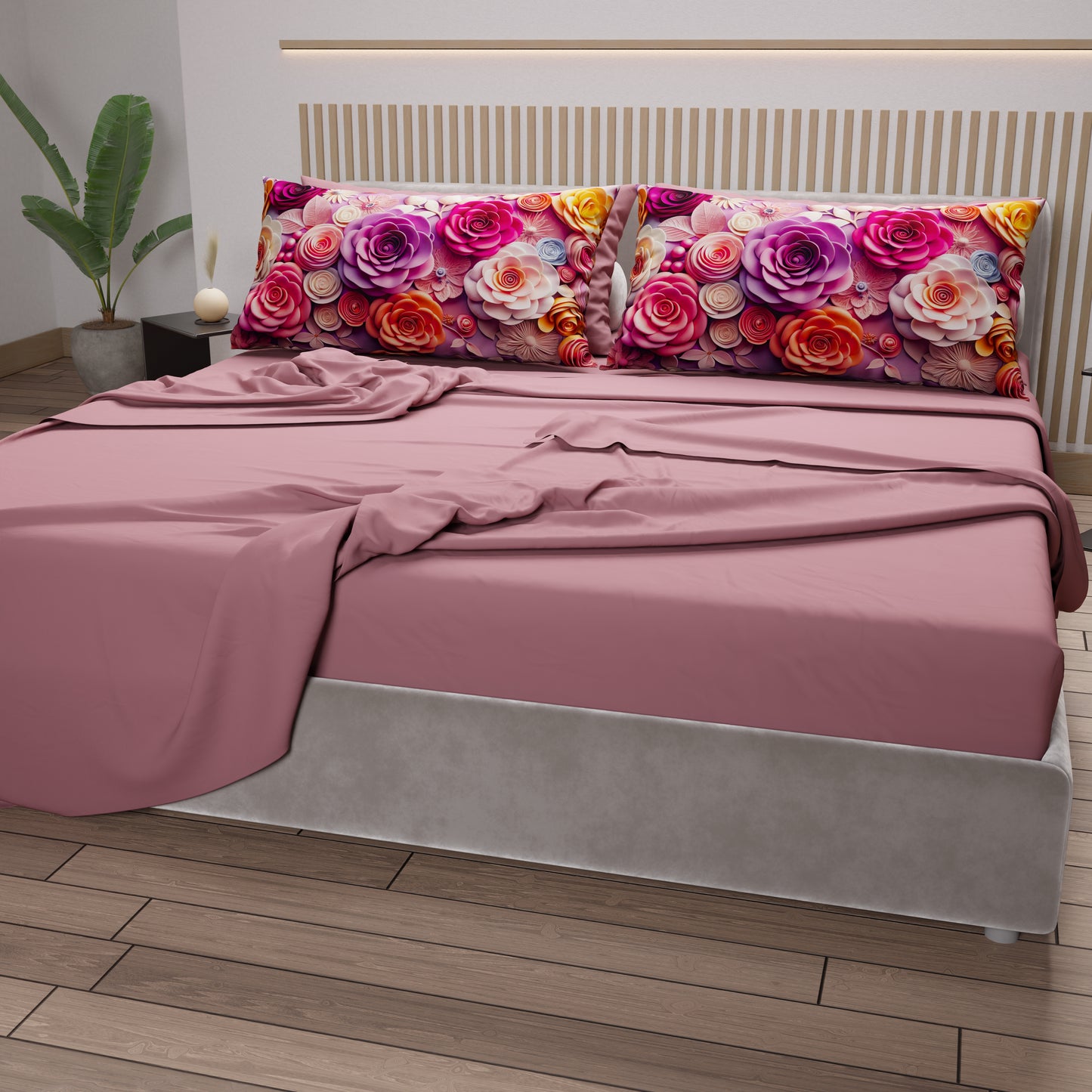 Draps en Coton, Parure de Lit avec Taies d'Oreiller à Imprimé Floral Numérique 05-17