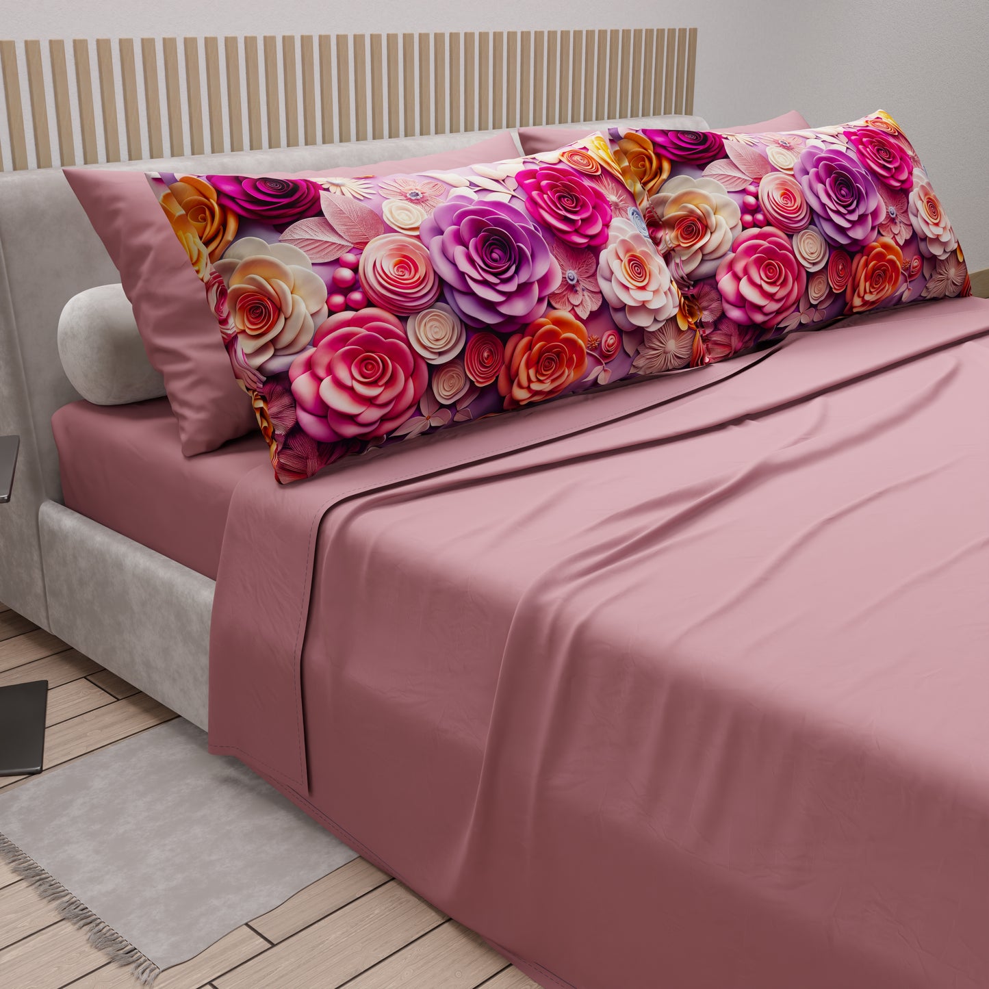 Draps en Coton, Parure de Lit avec Taies d'Oreiller à Imprimé Floral Numérique 05-17
