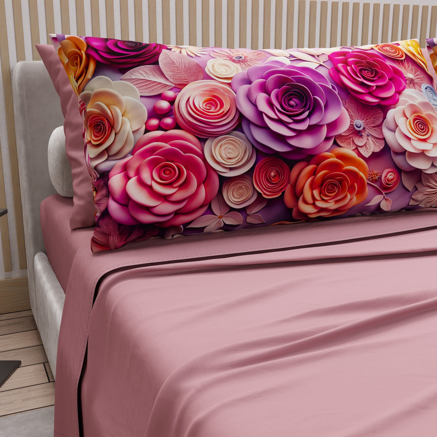 Draps en Coton, Parure de Lit avec Taies d'Oreiller à Imprimé Floral Numérique 05-17