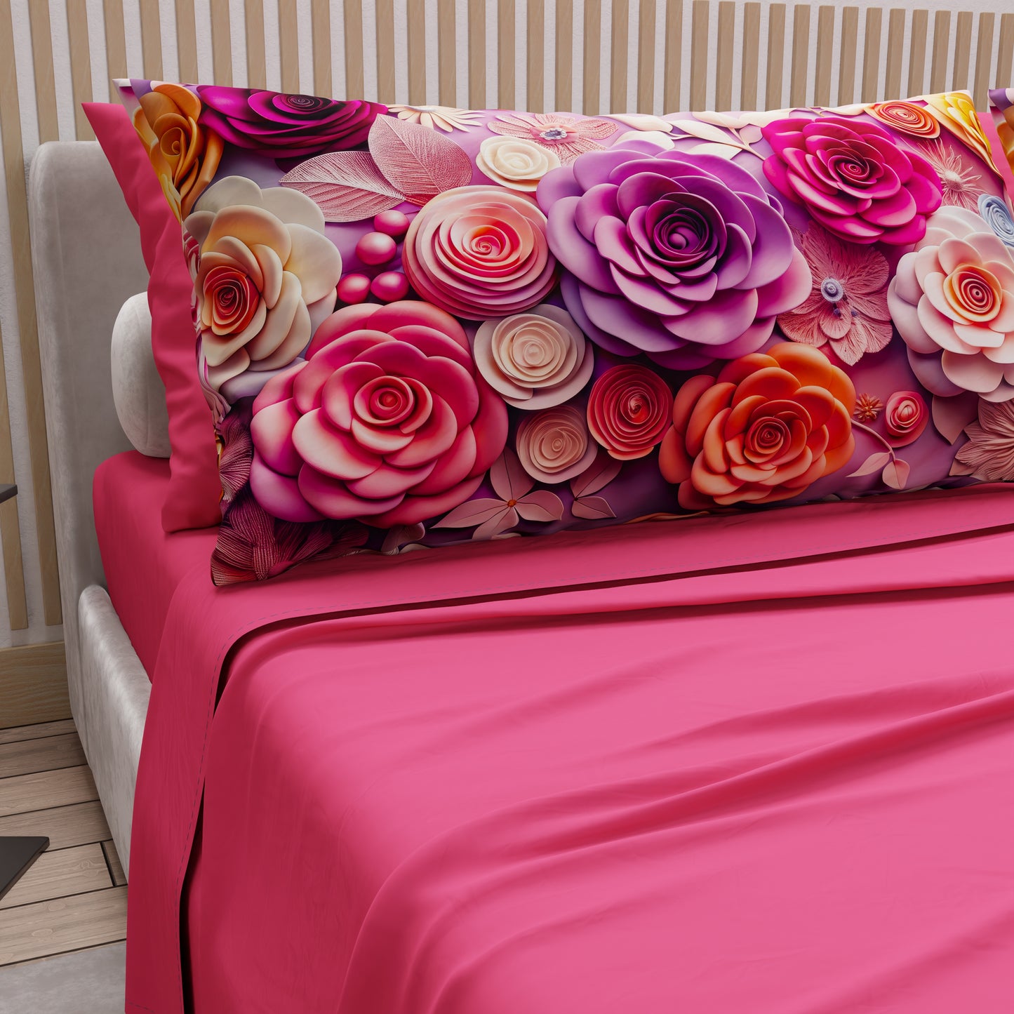 Draps en Coton, Parure de Lit avec Taies d'Oreiller à Imprimé Floral Numérique 05-17