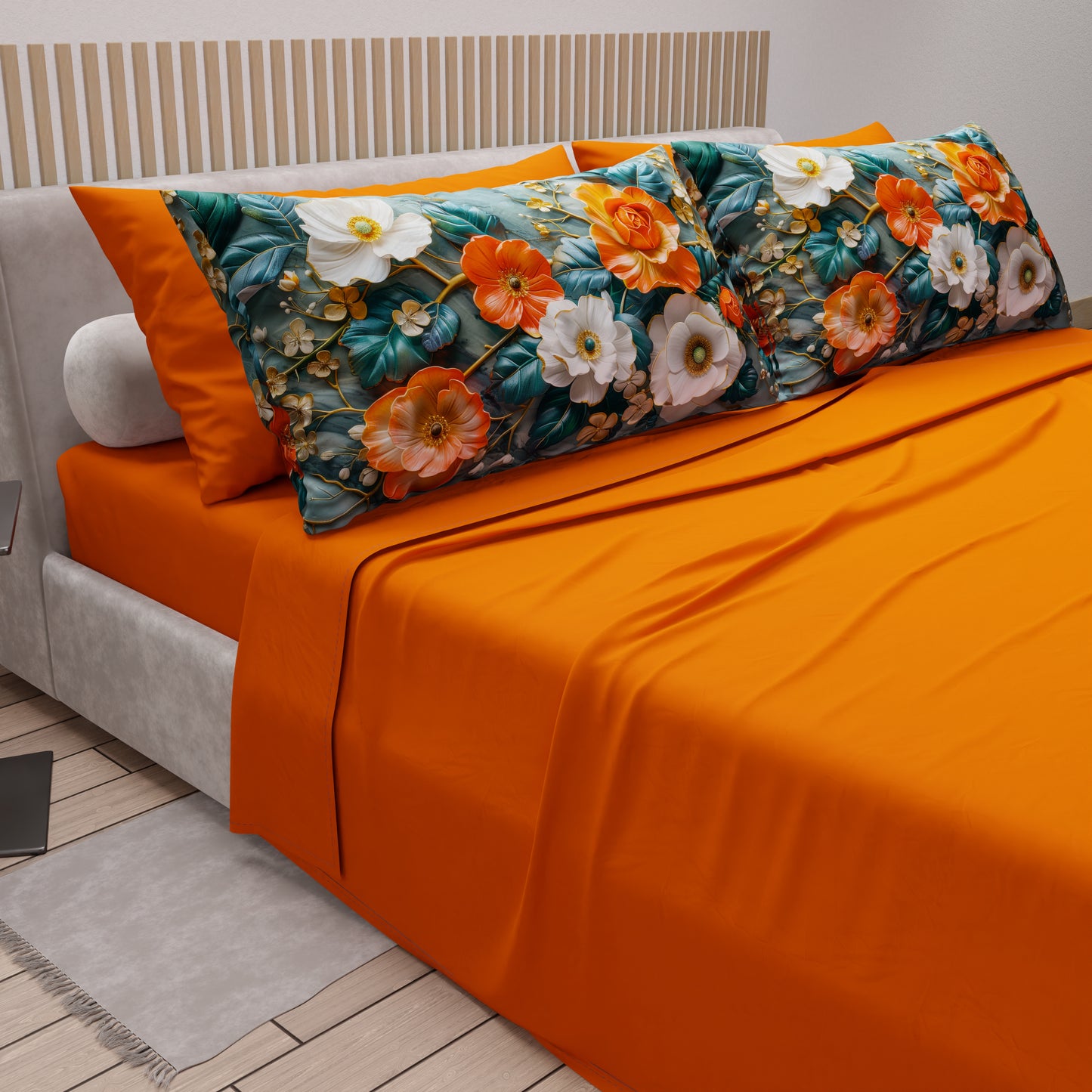 Draps en Coton, Parure de Lit avec Taies d'Oreiller à Imprimé Floral Numérique 05-18