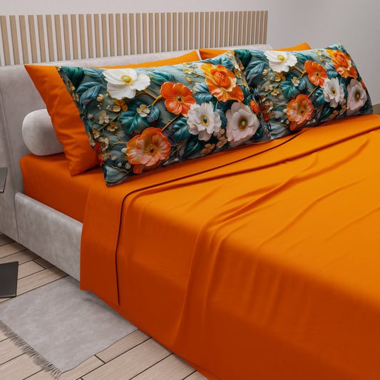 Draps en Coton, Parure de Lit avec Taies d'Oreiller à Imprimé Floral Numérique 05-18