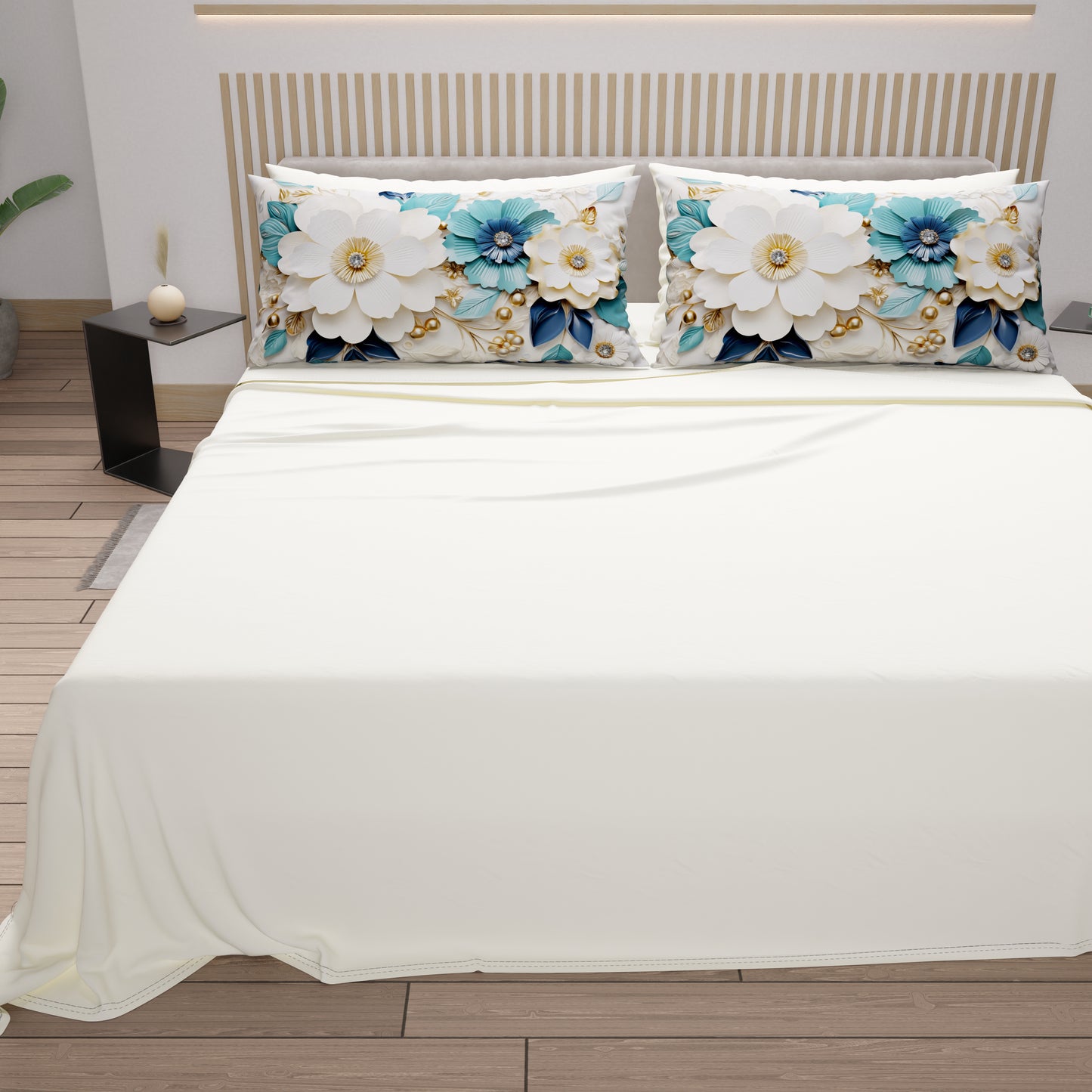 Draps en Coton, Parure de Lit avec Taies d'Oreiller à Imprimé Floral Numérique 05-19
