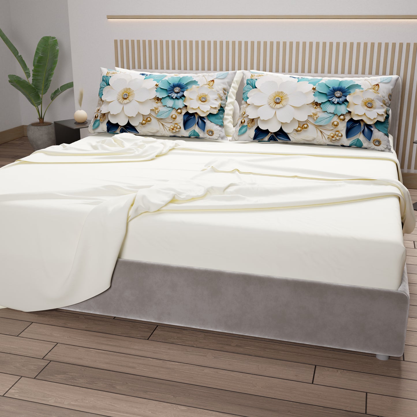 Draps en Coton, Parure de Lit avec Taies d'Oreiller à Imprimé Floral Numérique 05-19