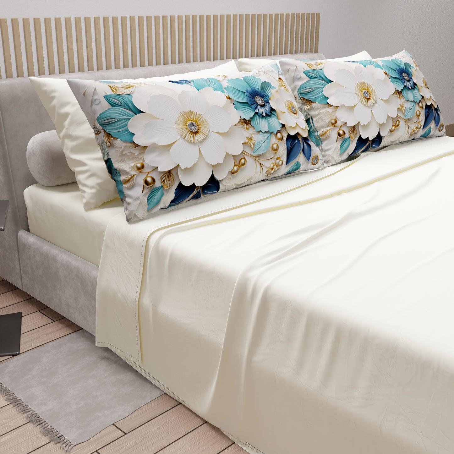Draps en Coton, Parure de Lit avec Taies d'Oreiller à Imprimé Floral Numérique 05-19