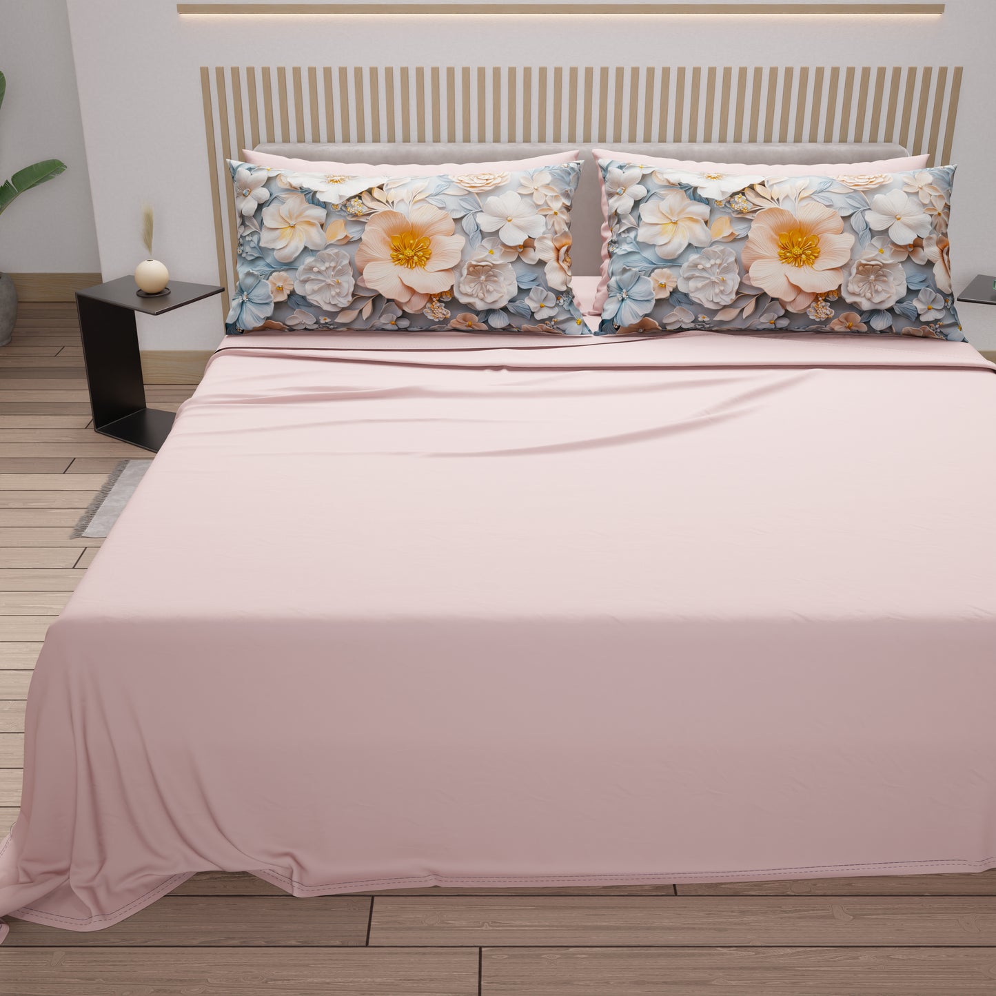 Draps en Coton, Parure de Lit avec Taies d'Oreiller à Imprimé Floral Numérique 05-20
